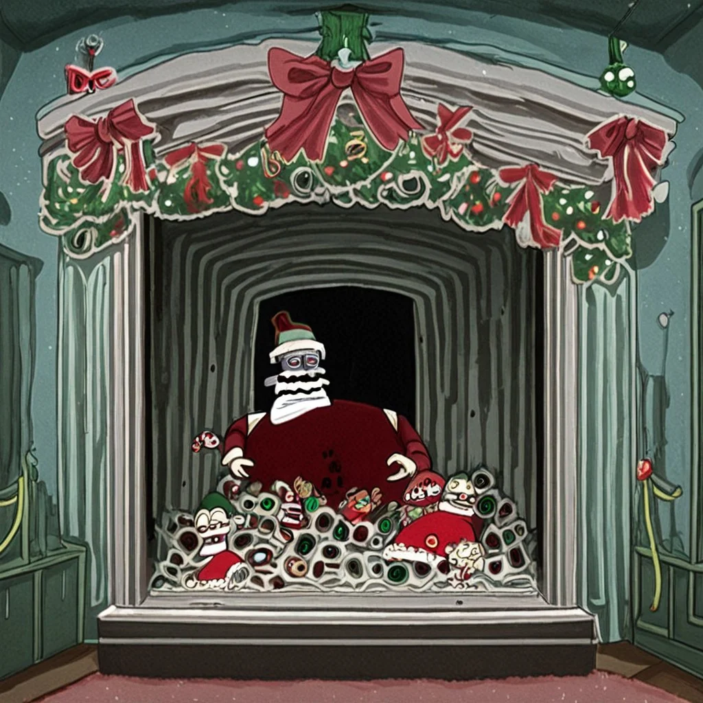 Children hiding from Santa, inside, Christmas decorations, horror, ominous