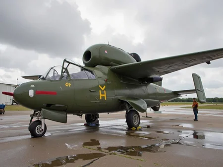 <lora:heinkel-he-162-salamander-flux-d:2.4> A pristine restored heinkel He 162 salamander parked on an overcast airfield, canopy open, landing gear gleaming. Rain droplets bead on the matte green paint as a ground crewman approaches in the distance. Everything is crisp and clear like a museum-grade photo.