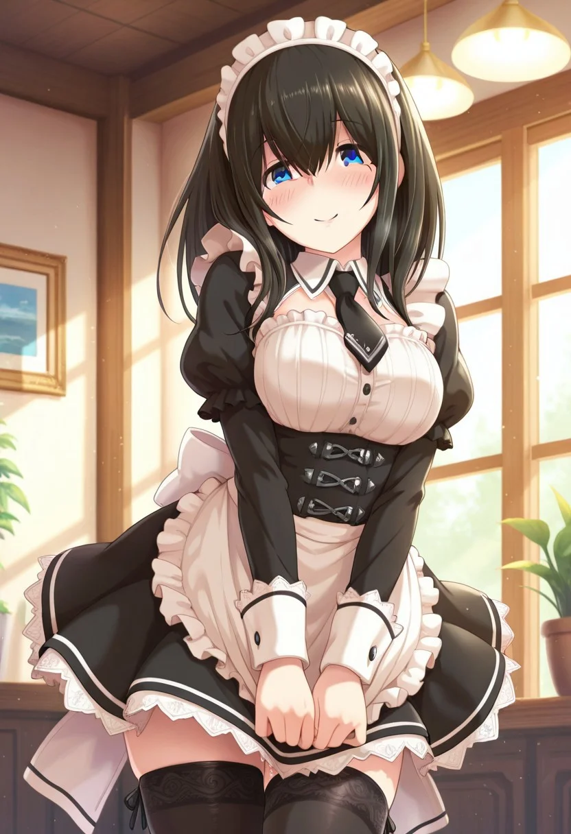 masterpiece,best quality,amazing quality, sagisawa fumika, black hair, blue eyes,1girl, solo, maid, thighhighs, maid headdress, necktie, blush, apron, smile