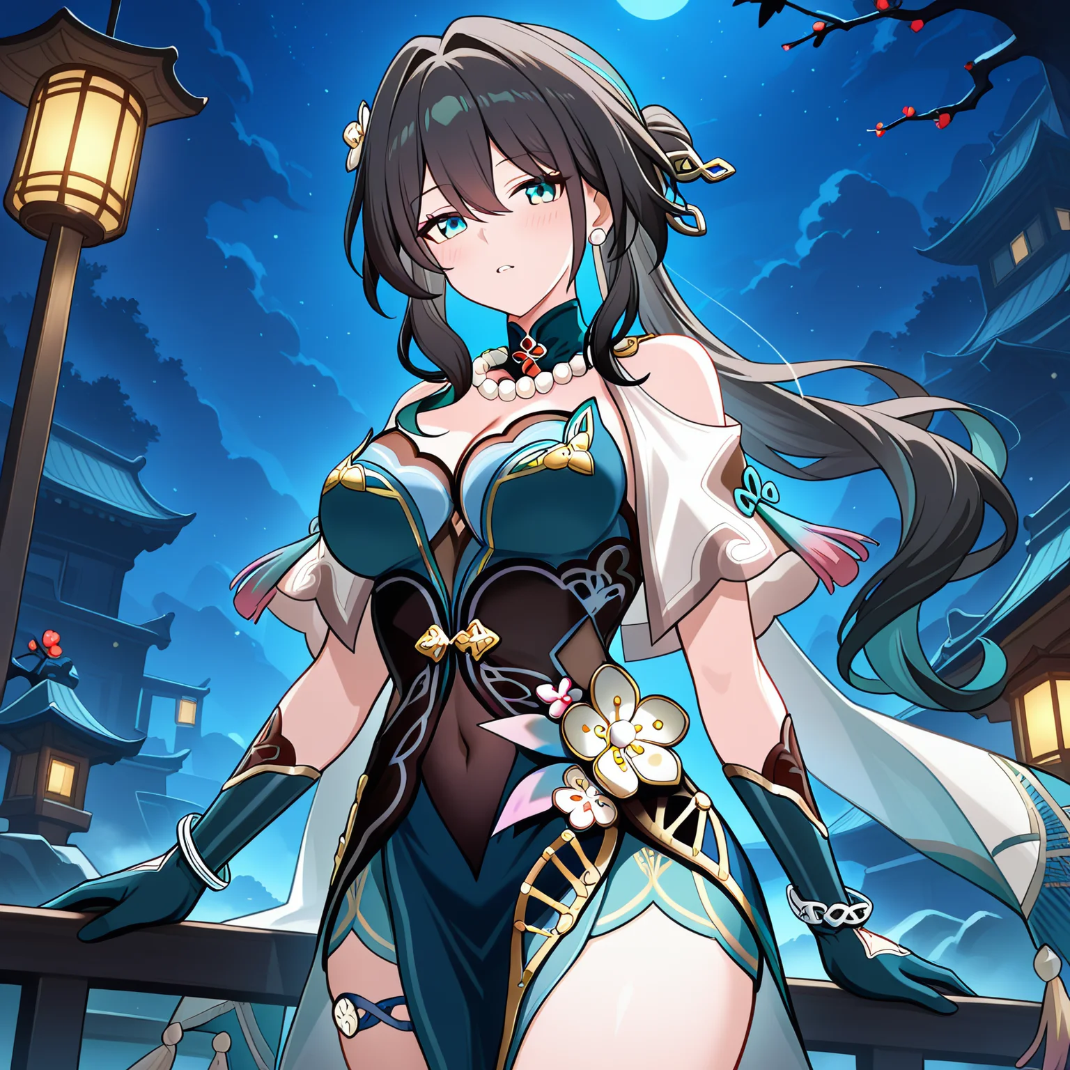 ruan mei (honkai: star rail), 1girl, solo, breasts, covered navel, jewelry, long hair, black hair, shoulder cutout, dress, green eyes, looking at viewer, necklace, cleavage, detailed background, clothing cutout, bare shoulders, outdoors, night, parted lips, beads, cowboy shot, short sleeves, bead necklace, chinese clothes, medium breasts, blush, gloves, large breasts, masterpiece, best quality, amazing quality, very aesthetic, absurdres, newest, (scenery, volumetric lighting)