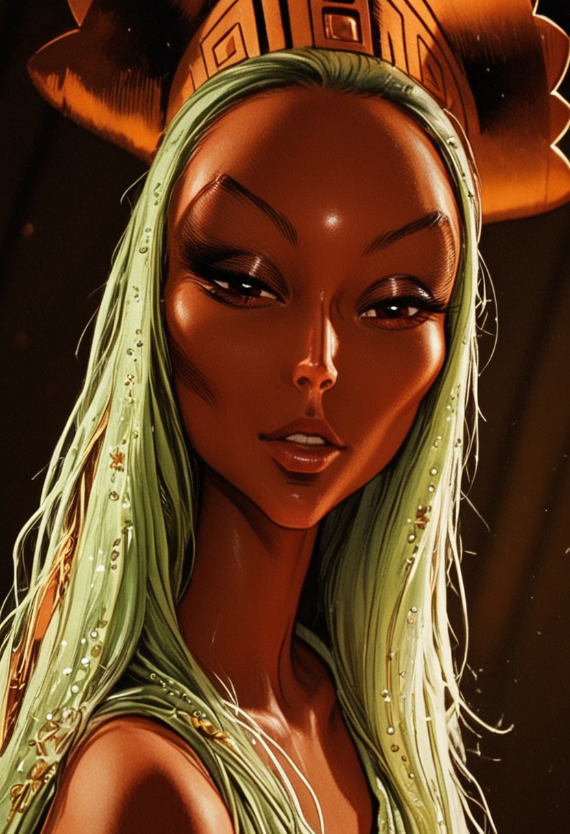 score_9, score_8_up, score_7_up, score_6_up, sinfully stylish, dramatic lighting, shadows, soft light,, Expressiveh, masterpiece, high quality, (best quality:1.1), savah, 1girl, solo, tanned skin, gold crown, green robe, small breasts, dutch angle, parted lips, teeth, smile, brown eyes, cowboy shot, teasing, sexy pose, slim hips, amazing ass