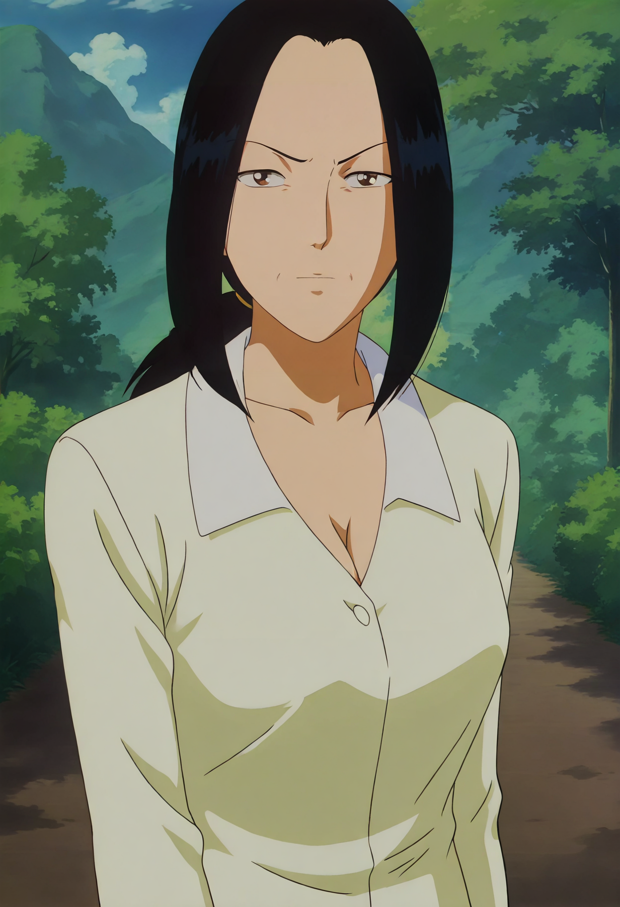 anime screencap,anime coloring,detailed face,masterpiece,best quality,very aesthetic,absurdres,official style,amazing quality,ultra detailed,highres,amazing quality,beautiful detailed hair,beautiful detailed eyes,
<lora:Tae-IL V1:1>,Tae,1girl,solo,mature female,black hair,long hair,outdoors,looking at viewer,cleavage,ponytail,white dress,