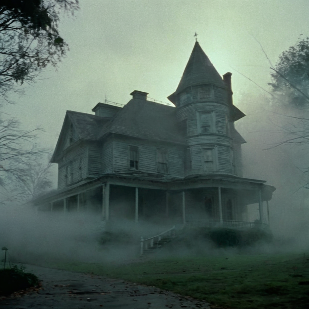 Horror-themed,  <lora:Fright Night 1985 Film Style:1>
Cinematic Wide Shot Film Footage captured by Panavision Cameras and Lenses, a creepy looking house with a huge scary Creature Fog face above it staring at camera, Fright Night 1985 Film Style, Eerie, unsettling, dark, spooky, suspenseful, grim, highly detailed