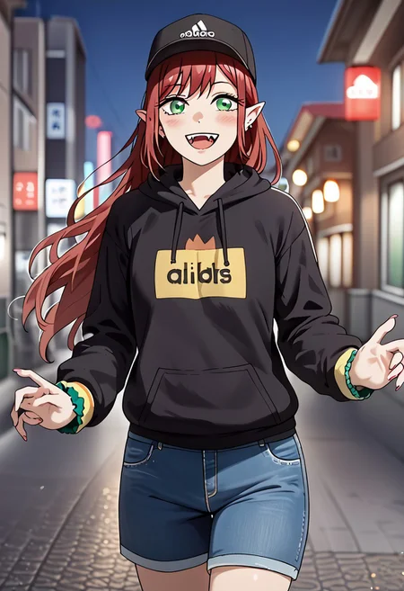 score_9, score_8_up, score_7_up, perfect eyes, partially illuminated, animification, animestyle, Anime_source, (4k), depth of field, (Masterpiece), extremely detailed, tall, long legs, medium breast, bokeh, high resolution, sharp detail, dark red hairs, redhair, dark red hair, <lora:Sono Bisque Doll wa Koi wo Suru - Marin Kitagawa Updated:0.7>, 1girl, fangs, green eyes, hair ornament, hair scrunchie, light blush, long hair, open mouth, smiling, pointy ears, scrunchie, happy, good hands, jeans shorts, leggings, opened black hoodie, baseball hat, top, every day clothing, Adidas Adilette sandals, beautiful feet, perfect feet, perfect toes, beautiful toes, night city background, ((masterpiece)), dynamic pose, (standing), night city, Tokyo city night, city night, BREAK, cowboy shot, dutch angle, looking at viewer, full body, feet,
<lora:add-detail-xl:-1><lora:minami-nanami-s1-ponyxl-lora-nochekaiser:0.8>