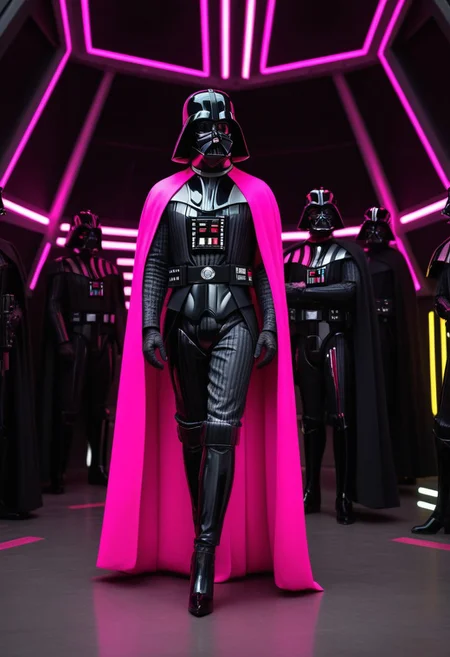 score_9, score_8_up, score_7_up, score_7, score_6_up, photo, detailed, full body, tack sharp, sharp focus, raw, realistic, highest quality, masterpiece, solo, Darth Vader in neon pink uniform, high heels, pink helmet on, very detailed dynamic Star Wars hangar as background, ((nsgzz, "BUZZ" (text), caps font, text focus, text, neon sign, white text, pink theme, glow)), d3t41l3d, full body