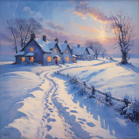 masterpiece, best quality, <lora:add-detail-xl:1>, <lora:ArsMJStylePony_-_Impressionism:1>, ArsMJStyle, impressionism, A snow-covered village at dusk, with warm light spilling from cottage windows onto the blue-shadowed snow. Smoke rises from chimneys, blending with the darkening sky. A lone figure hurries along a path, leaving a trail of footprints in the fresh snow, capturing a moment of solitary peace.