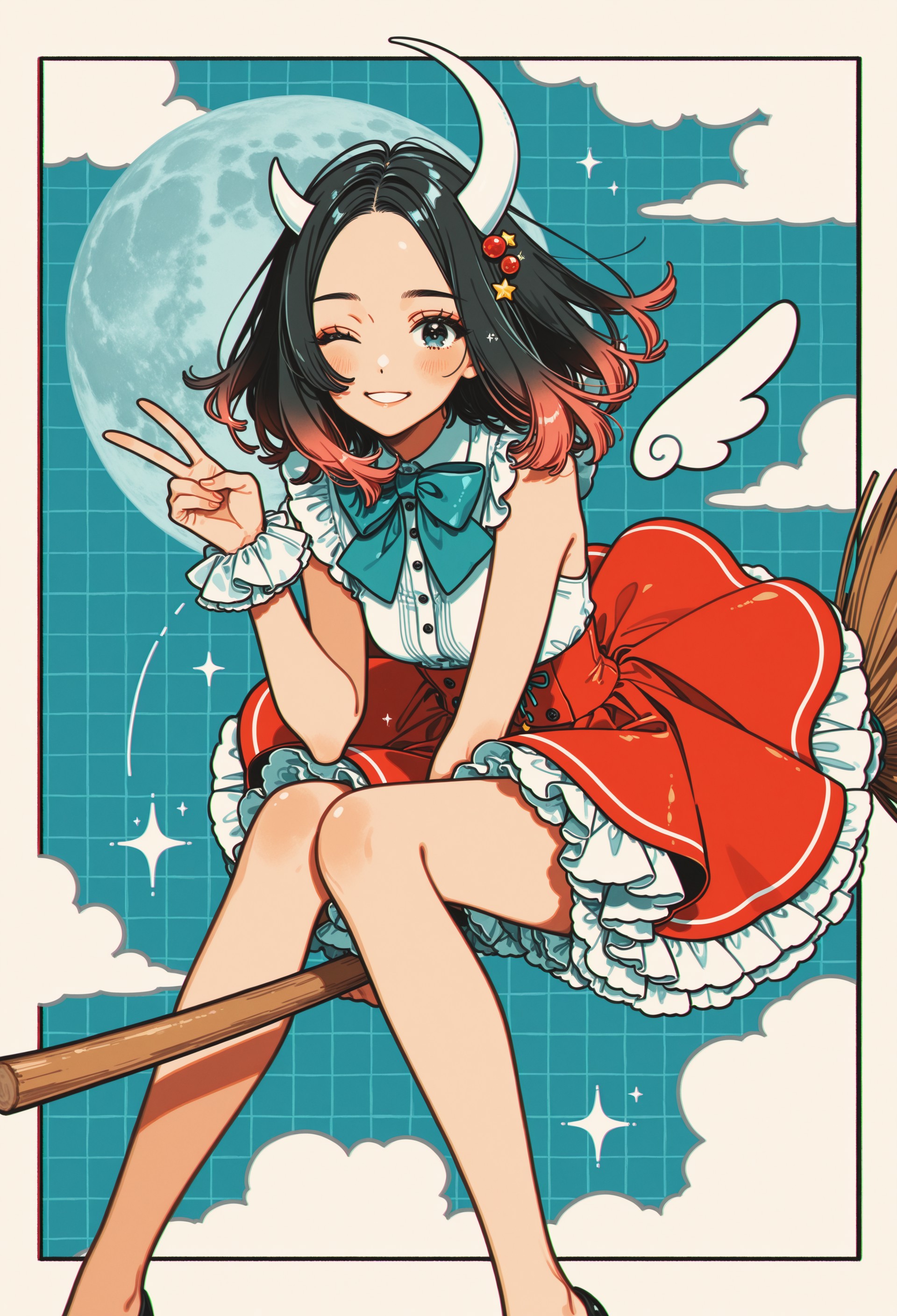 (keishin:1.4), thick lineart, thick outline, highlight, painterly, muted_color, limited_palette, shadow, (chromatic aberration:1.7), 
BREAK,
1girl, solo, looking at viewer, wink, smile, bent over, (dynamic pose:1.4), v sign, floating, knees up, sitting, broom riding, 
BREAK,
detached wings, asymmetrical horns, white horns, asymmetrical clothes, red skirt, petticoat, white frills, wrist ruffs, neck bow, hair ornaments, 
BREAK, 
black hair, red gradient hair, forehead, small breasts, 
BREAK,
blue theme, grid background, border, dutch angle, candy, star, ribbons, moon, cloud, sparkle, colorful, 
BREAK, 
lazypos, masterpiece, very aesthetic, best quality, incredibly_absurdres, absurdres, highres,