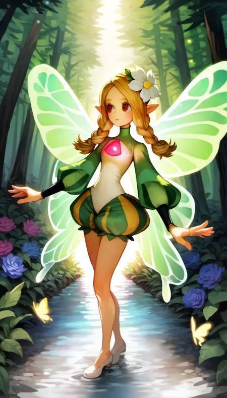 score_9,score_8_up,score_7_up,
<lora:vanillaStyle3:0.9>,
vanillastyle,
mercedes,fairy,1girl,solo,blonde hair,long hair,twin braids,white hair flower,red eyes,eyes looking to the side,pointy ears,white one piece suit,green puffy sleeves,red gemstone on chest,butterfly wings,green bloomer shorts,white flat shoes,full body,
standing,
outdoors,forest,lights particle,(glowing butterfy:1.2),dappled sunlight,bright,green,palace in forest,pool,