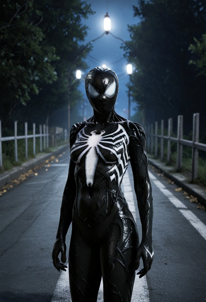 road tunnel background, 1girl, solo, symbiote suit, black suit, black, venom logo, black mask, white eyes, white patches on hands, standing, black webs, skinny, symbiote tendrils, female, hands on hips, (curvy:1.2), black sharp nails, hourglass figure, night, looks away, white blue light of lanterns,