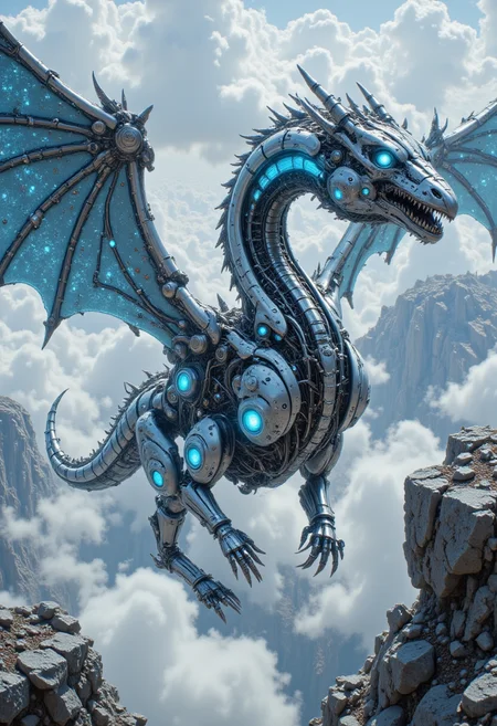 pinkmechalux,aidmaimageupgrader a breathtakingly vivid and surreal cinematic photograph of a colossal, technologically advanced dragon, its polished, silver-chrome metallic scales reflecting a mesmerizing array of colors, as bright, electric blue energy arcs and crackles along the edges of its enormous, sweeping wings, which appear to ripple and undulate like liquid metal. This stunning, meticulously detailed digital painting, executed in the style of photorealistic film concept art, captures the behemoth in a dynamic, mid-flight pose, its glowing, iridescent eyes - pools of shimmering, electric sapphire - piercing through the screen, drawing the viewer into its overwhelming, awe-inspiring presence. The intricate, futuristic design and impeccable, high-definition rendering, complete with subtle film grain, imbue this image with a sense of hyper-realism, making it a true masterpiece of futuristic, sci-fi fantasy art.