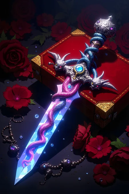 A jeweled dagger rests on a velvet cushion, its blade made of transparent crystal with a core of flowing liquid rainbow metal. The hilt is crafted from white gold shaped like intertwined serpents, their eyes set with rubies that seem to flicker with inner fire. Small floating gems orbit the dagger's pommel, while the blade edge glows with a constant blue light. The crossguard is decorated with miniature dragon wings made of platinum and opal. , detailed background Fantastic lighting. Detailed shadows.intricate details, vivid colors, hyper-detailed, ultra-sharp, <lora:Ev_Ganin:0.4><lora:Vintage comic book:0.4><lora:RetroAnimeFluxV1:0.15><lora:Greg_Capullo_style:0.4><lora:jeanClaude_Mzires_Style_FLUX-000001:0.4><lora:Flux_Ink_Anime:0.4>