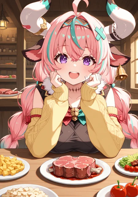 masterpiece, best quality, 1girl, solo, v4r3s4, large breasts, cow girl, cow horns, mismatched horns, multicolored horns, bandaid on horn, cow ears, two-tone hair, pink hair, aqua hair, streaked hair, hair intakes, hair between eyes, crossed bangs, twintails, twin braids, x hair ornament, long hair, horn ornament, ear bell, neck tattoo, bandaid on cheek, indoors, tavern, upper body, elbows on table, elbow rest, purple eyes, ahoge, multicolored hairband, fur-trimmed sweater, yellow sweater, cropped sweater, clothing cutout, black tank top, detached sleeves, long sleeves, yellow sleeves, arm ribbon, tied sweater, two-tone bowtie, aqua bowtie, pink bowtie, counter, pov across table, looking at viewer, smile, open mouth, happy, (food, plate:1.3), meat