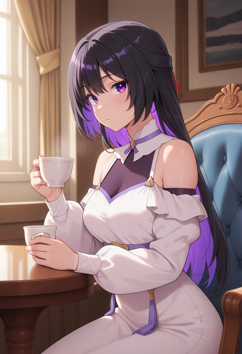 masterpiece,best quality,amazing quality, tinasha, black hair, long hair, purple hair, colored inner hair, purple eyes, 1girl, solo, dress, cup, holding cup, holding, indoors, chair, white dress, looking at viewer, bare shoulders, long sleeves