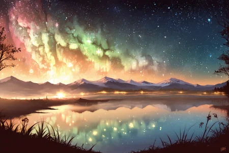 PDXL, source_anime, <lora:SaishoV1:1>, s4ish0,
giant lake, night sky, stars, galaxies,
volumetric reflections, volumetric shadows, HDR, shot on Canon DSLR