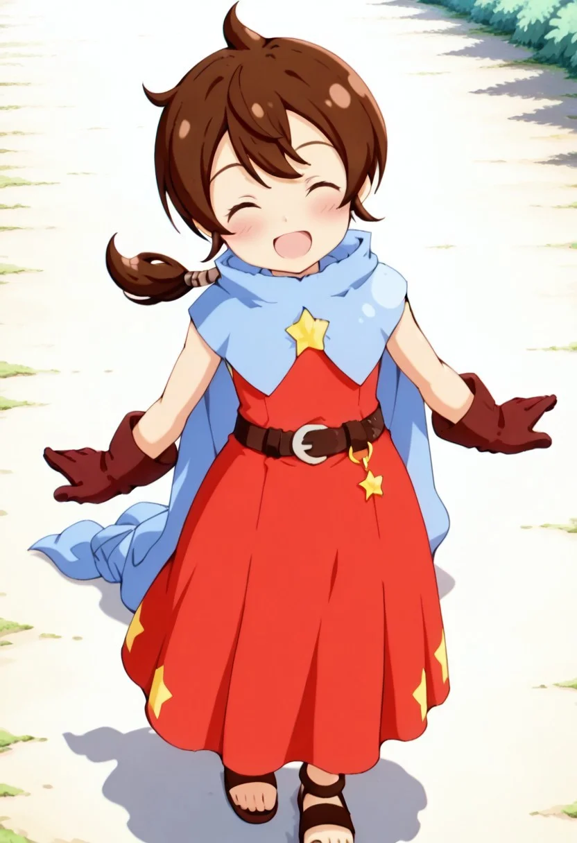 masterpiece,anime_coloring,anime_clothing,amazing_quality,Tokia_DMO, 1girl, solo,gloves, brown hair, (low ponytail), star \(symbol\), cape, sleeveless,red dress, long dress,belt, Sandals, close-up face,open mouth,blush,smile,happy,outdoor,dynamic pose,