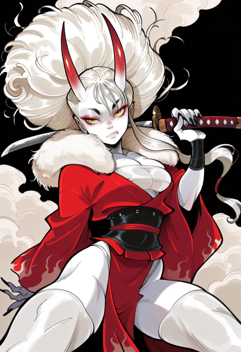 1girl, oni, oni horns, white skin, muscular female, medium breasts, yellow eyes, white hairl, long hair, ponytail, black nails, long nails, red kimono, chest sarashi, highleg white thong, white thighhighs, holding one_katana, battle stance, dutch angle, close-up, smoke, solo, black background, simple background,
, <lora:AlessandroBarbucciINSv3:0.8>, masterpiece, best quality, amazing quality,