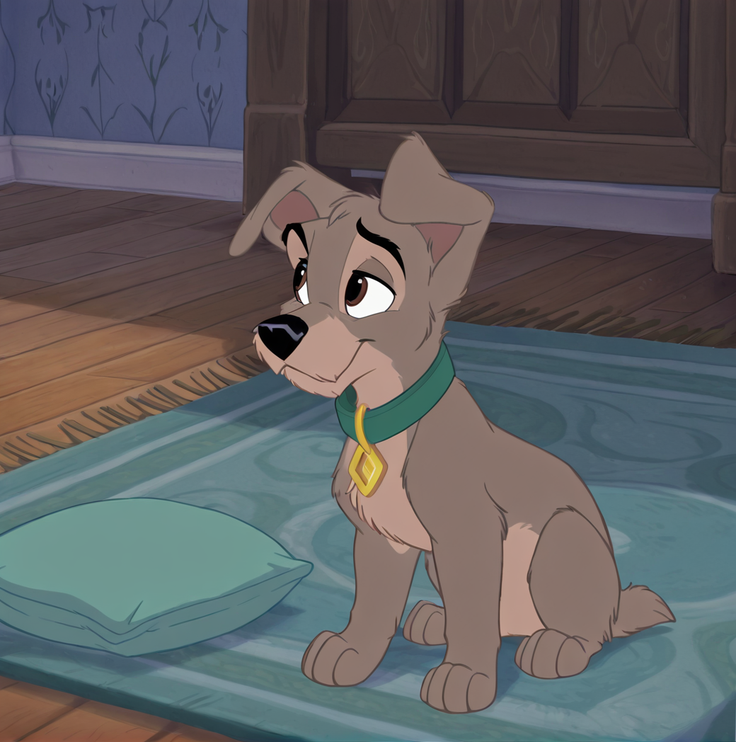 (masterpiece), (best quality), (ultra-detailed), amazing quality, very aesthetic, perfect composition,  absurdres, incredibly absurdres,  <lora:scamp_illustrious:1>, scampdog, solo, brown eyes, sitting, indoors, collar, pillow, no humans, animal, wooden floor, animal focus, animalization, rug, two tone fur, dog, body fur, grey fur
