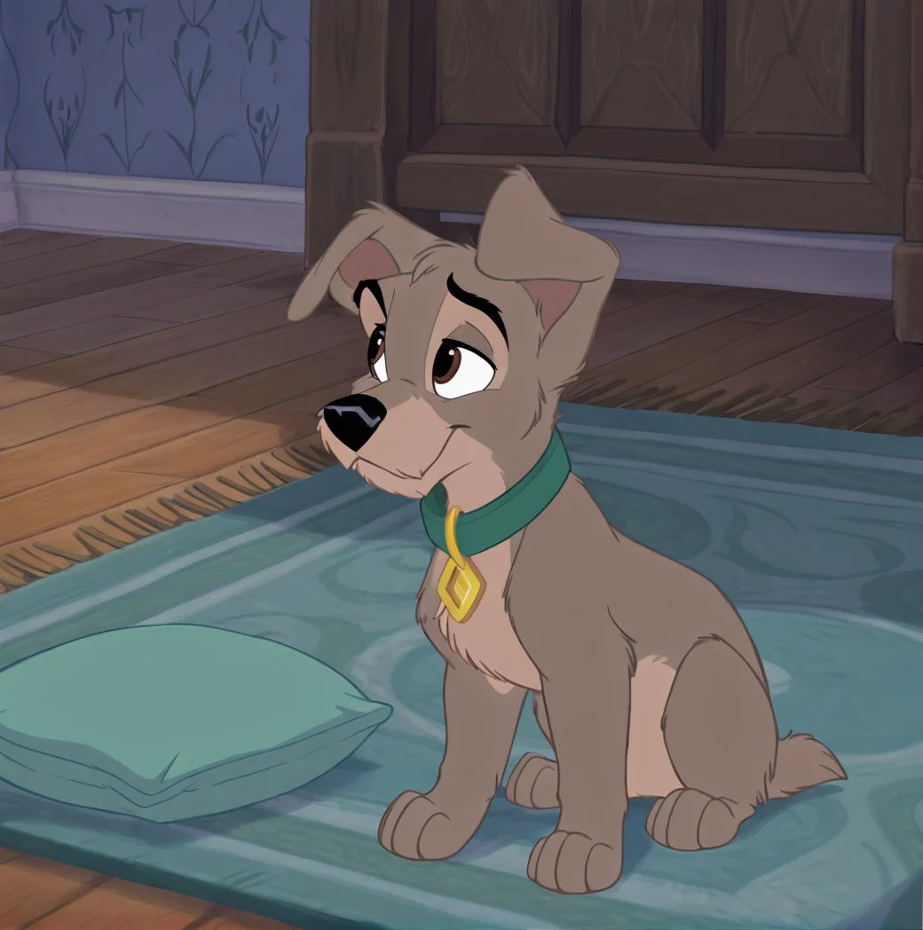 (masterpiece), (best quality), (ultra-detailed), amazing quality, very aesthetic, perfect composition, absurdres, incredibly absurdres, <lora:scamp_illustrious:1>, scampdog, solo, brown eyes, sitting, indoors, collar, pillow, no humans, animal, wooden floor, animal focus, animalization, rug, two tone fur, dog, body fur, grey fur