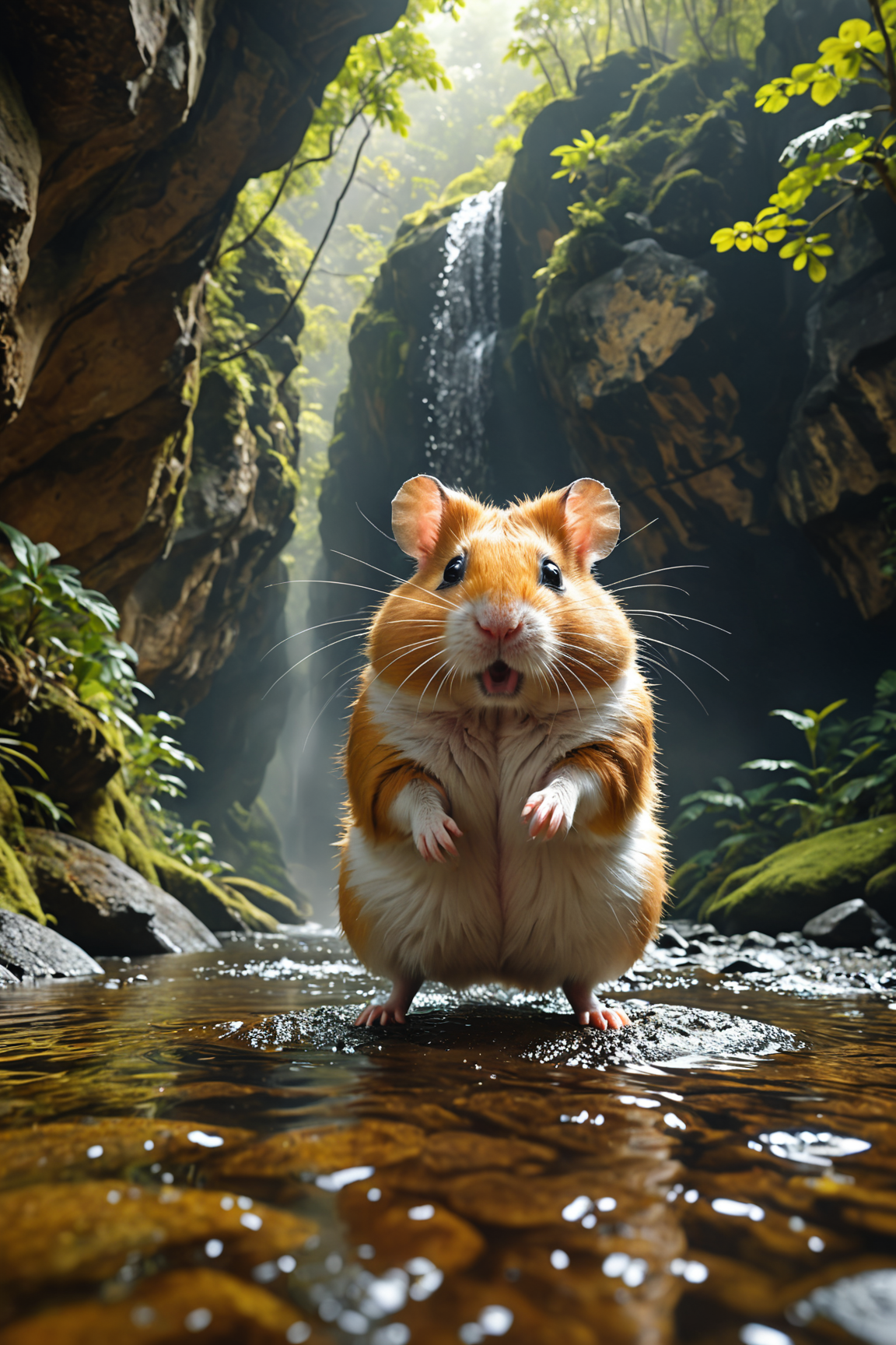 full body length 8k cinematic  by (((Alastair Magnaldo) and Jerry Uelsmann) and Peter Lik) and Gaetano Previati,   action shot, fighting, fantasy, gigantic hamsters, bosstyle <lora:boss_battles:0.55>  , dof,
