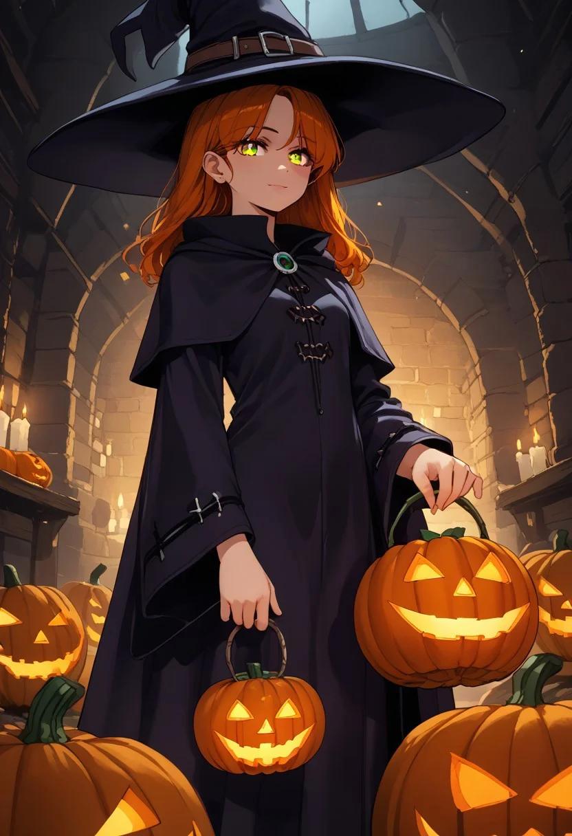 <lora:ratatatat74_style_pdxl_goofy:1>1girl, score_7_up, upscale 2x, (anime-style witch holding glowing pumpkins in her hands. She is wearing an oversized wizard hat and has stylish hair with beautiful eyes. The background is dungeon like cellar with fire-like pumkins floating around her:1.2) (Pumpkin spell:1.3)