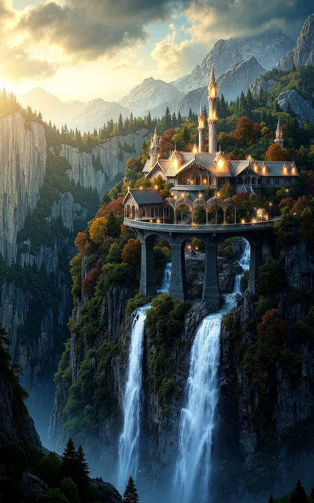 a magical elven city floating in the sky,with elegant crystal towers,glowing bridges of light,and cascading waterfalls falling into the clouds below,viewed at golden hour with soft sunlight filtering through,surrounded by floating isles with ancient runes,vivid style,fantasy architectural style,majestic and luminous.,<lora:aidmaMJ6.1_v0.5_3:0.6>,aidmaMJ6.1,<lora:klordoftherings-01:0.8>,klordoftherings,