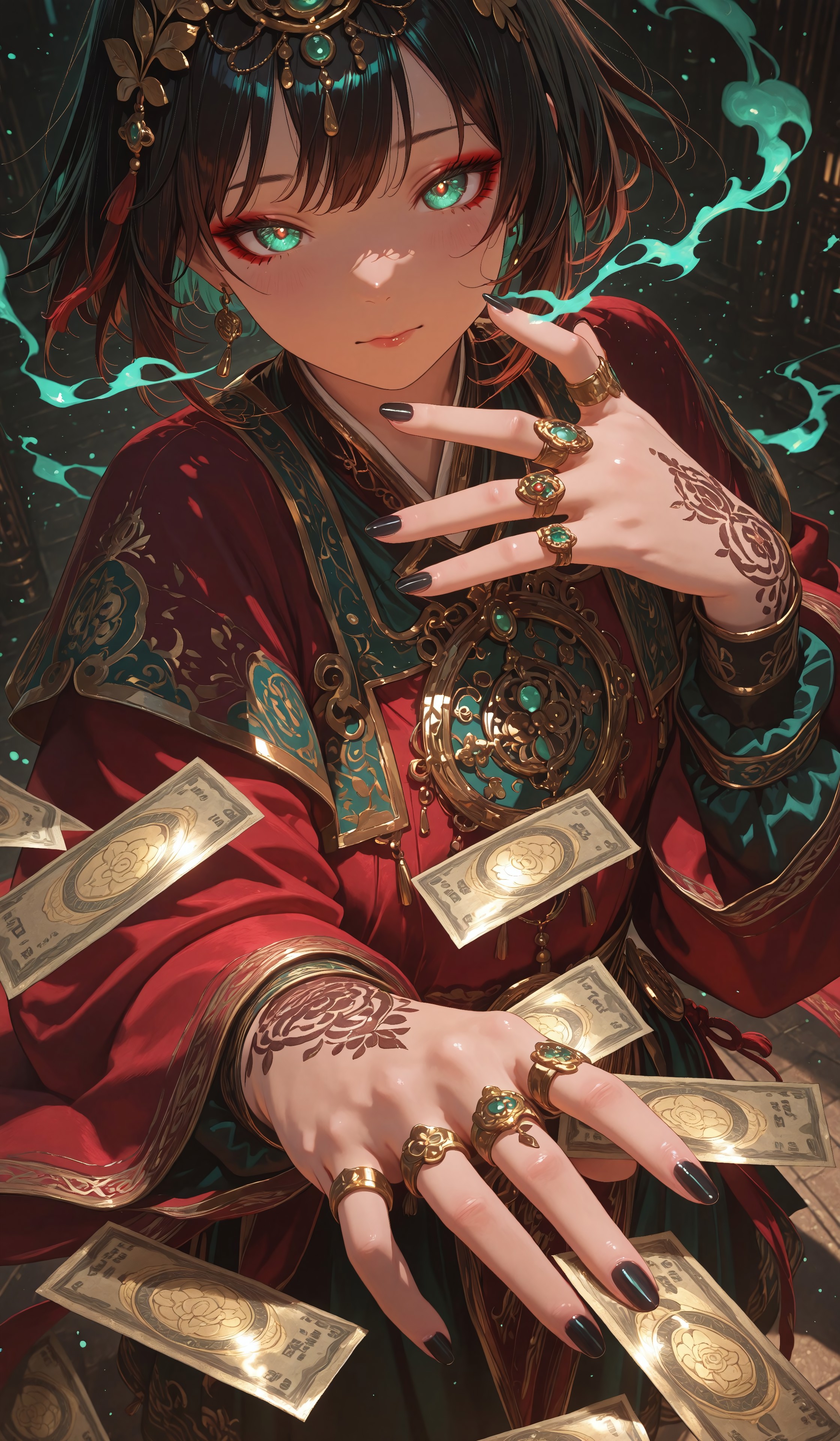 masterpiece, best quality, very aesthetic, absurdres, stylized, newest, depth of field, HDR, high contrast, sharp focus, 8k resolution, digital art, anime style, vibrant colors, photorealistic, smooth gradients, fantasy art style, cinematic lighting, mystical aura, art nouveau inspired, (soft lighting:1.2), (lighting from above:1.2), (scenery), (detailed background design), Anime girl, 1girl, solo (ethnicity:1.2), (detailed clothing:1.2), (accessories:1.1), (facial features:1.3), (expression:1.2), (body type:1.1), (pose:1.2), in traditional Chinese attire, center frame, facing viewer,  with intricate embroidery on a deep red robe.  Long, dark hair, striking makeup, dramatic eyes, (detailed skin texture:1.2), and elaborate gold jewelry with ornate details.  Black pointed nails, multiple rings on fingers.  Money notes (different currencies), scattered around her, adding a layer of rich textures.  (detailed clothing:1.2), (detailed embroidery:1.1).  Soft, glowing teal-green smoke effect, creates depth and atmosphere.  Dramatic lighting, highlighting facial features, (expression:1.2).  Perspective is slightly angled, creating a sense of depth.  Composition is focused on the subject's hands and face, detailed and intricate design,  (detailed accessories:1.2).  Visual style is painterly,  digital art, with emphasis on detail and soft blending.  Photorealistic,  oil painting style,  rich color palette, deep reds, golds, and teal-green.  Elegant, rich,  intriguing scene.