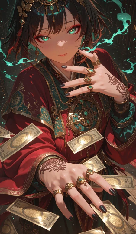 masterpiece, best quality, very aesthetic, absurdres, stylized, newest, depth of field, HDR, high contrast, sharp focus, 8k resolution, digital art, anime style, vibrant colors, photorealistic, smooth gradients, fantasy art style, cinematic lighting, mystical aura, art nouveau inspired, (soft lighting:1.2), (lighting from above:1.2), (scenery), (detailed background design), Anime girl, 1girl, solo (ethnicity:1.2), (detailed clothing:1.2), (accessories:1.1), (facial features:1.3), (expression:1.2), (body type:1.1), (pose:1.2), in traditional Chinese attire, center frame, facing viewer, with intricate embroidery on a deep red robe. Long, dark hair, striking makeup, dramatic eyes, (detailed skin texture:1.2), and elaborate gold jewelry with ornate details. Black pointed nails, multiple rings on fingers. Money notes (different currencies), scattered around her, adding a layer of rich textures. (detailed clothing:1.2), (detailed embroidery:1.1). Soft, glowing teal-green smoke effect, creates depth and atmosphere. Dramatic lighting, highlighting facial features, (expression:1.2). Perspective is slightly angled, creating a sense of depth. Composition is focused on the subject's hands and face, detailed and intricate design, (detailed accessories:1.2). Visual style is painterly, digital art, with emphasis on detail and soft blending. Photorealistic, oil painting style, rich color palette, deep reds, golds, and teal-green. Elegant, rich, intriguing scene.
