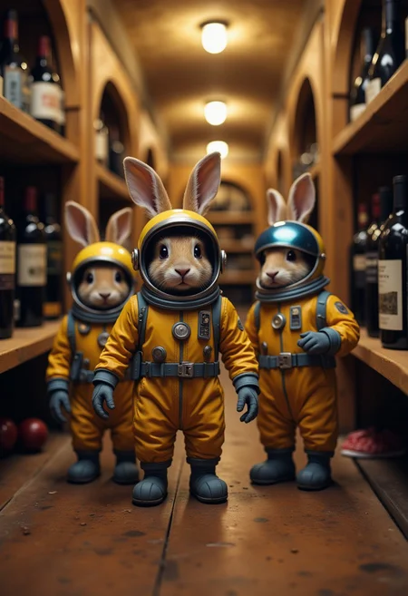 cinematic wide angle, a bunch of tiny micro space angry bunnies wearing yellow and blue space suit, with a round helmet with metalic rabbit ears, exploring a wine cellar, funny, playful , raw, analog, detailed bedroom background blankmj l10nhe43t