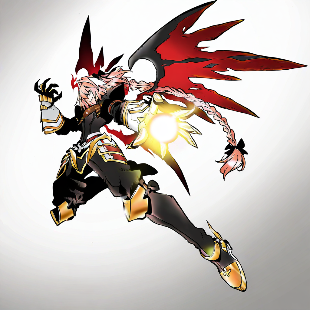 highres, best quality, masterpiece, very aesthetic, newest,DRBStyle, <lora:DigimonReferenceBookIllusV2:1>,1boy,solo,astolfo \(fate\),pink hair,hair ribbons,demon,demon wings,spiked armor,black armor,gauntlest,greaves,clawed gauntlets,holding energy orb,flying,side angle,white background,full body