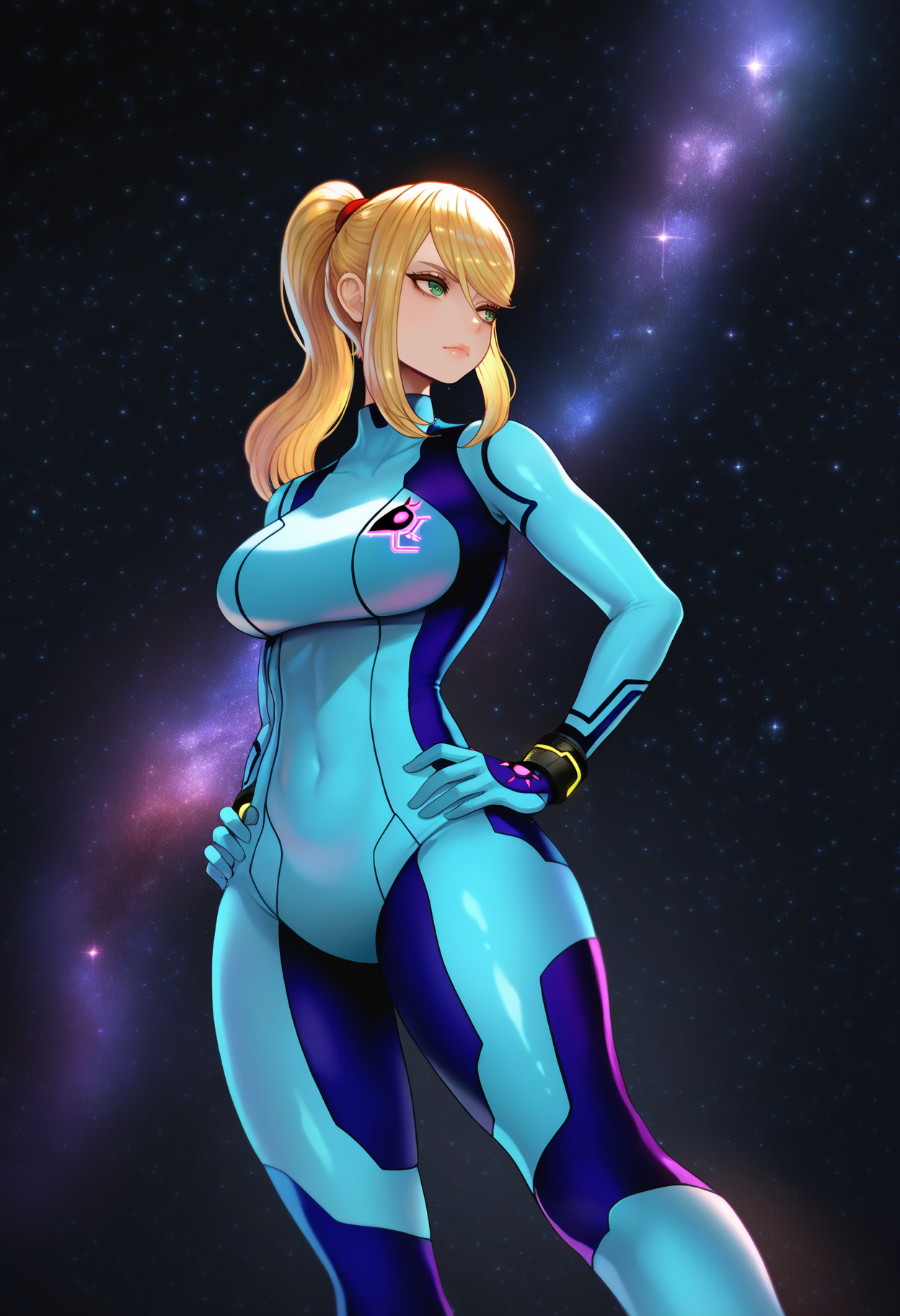 best quality, amazing quality, very aesthetic, absurdres,
BREAK
(black background, galaxy background, starry background:1.8)
1girl, samus aran, green eyes, blonde hair, medium hair, ponytail, sidelocks,
blue bodysuit,
standing, hands on hips, <lora:Magion02NoobLocon_byKonan:1>