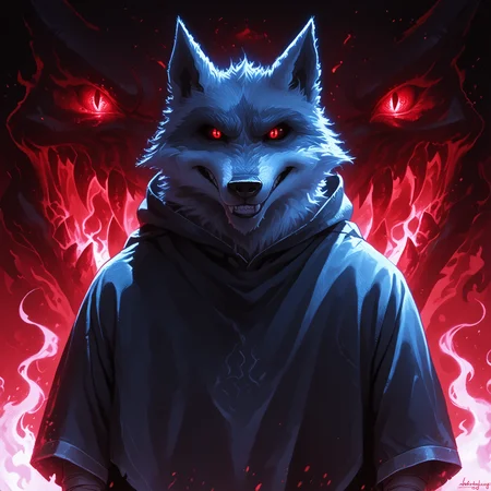 score_9, score_8_up, score_7_up, source_furry, 2D, lineart, BREAK  Deathwolf, Wolf, Black Sclera, Red Eyes, glowing eyes, hood up, ears through hood, Black Hooded Cloak, Brown Pants, Arm Bandages, Leg Bandages, White Fur, looking at viewer, grin, dark under hood, horror, red demonic powers, demonic powers,  detailed background, night time, dark, moonlight,   <lora:Death.safetensors:1.0>, <lora:Pony_DetailV2.0.safetensors:2.0>, <lora:DemonicPowersPony.safetensors:1.0>,