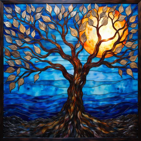 ArsMJStyle, Stained Glass, Moonlit Tree of Life
A grand, twisting tree with branches reaching to the sky, its roots intertwining with the earth. In the background, a glowing full moon illuminates the scene, casting soft light through the leaves in shades of deep blue and silver.