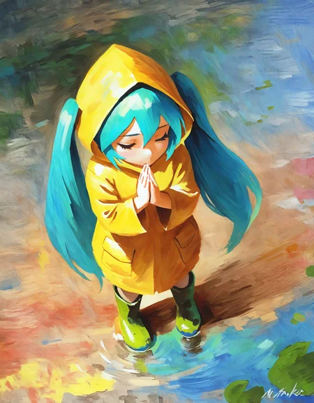 traditional media, oil painting \(medium\), painting \(medium\), yellow raincoat,hatsune miku, aqua hair, twintails, rubber boots,hood, praying, closed eyes, 1girl, masterpiece, best quality, very aesthetic, absurdres <lora:luce2_Noob05XL:1>