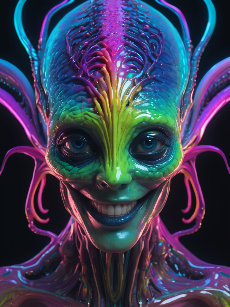 impossibly beautiful portrait of alien shapeshifter entity, insane smile, intricate complexity, surreal horror, inverted neon rainbow drip paint, trending on art station, photoreal, 8 k, octane render by greg rutkowski