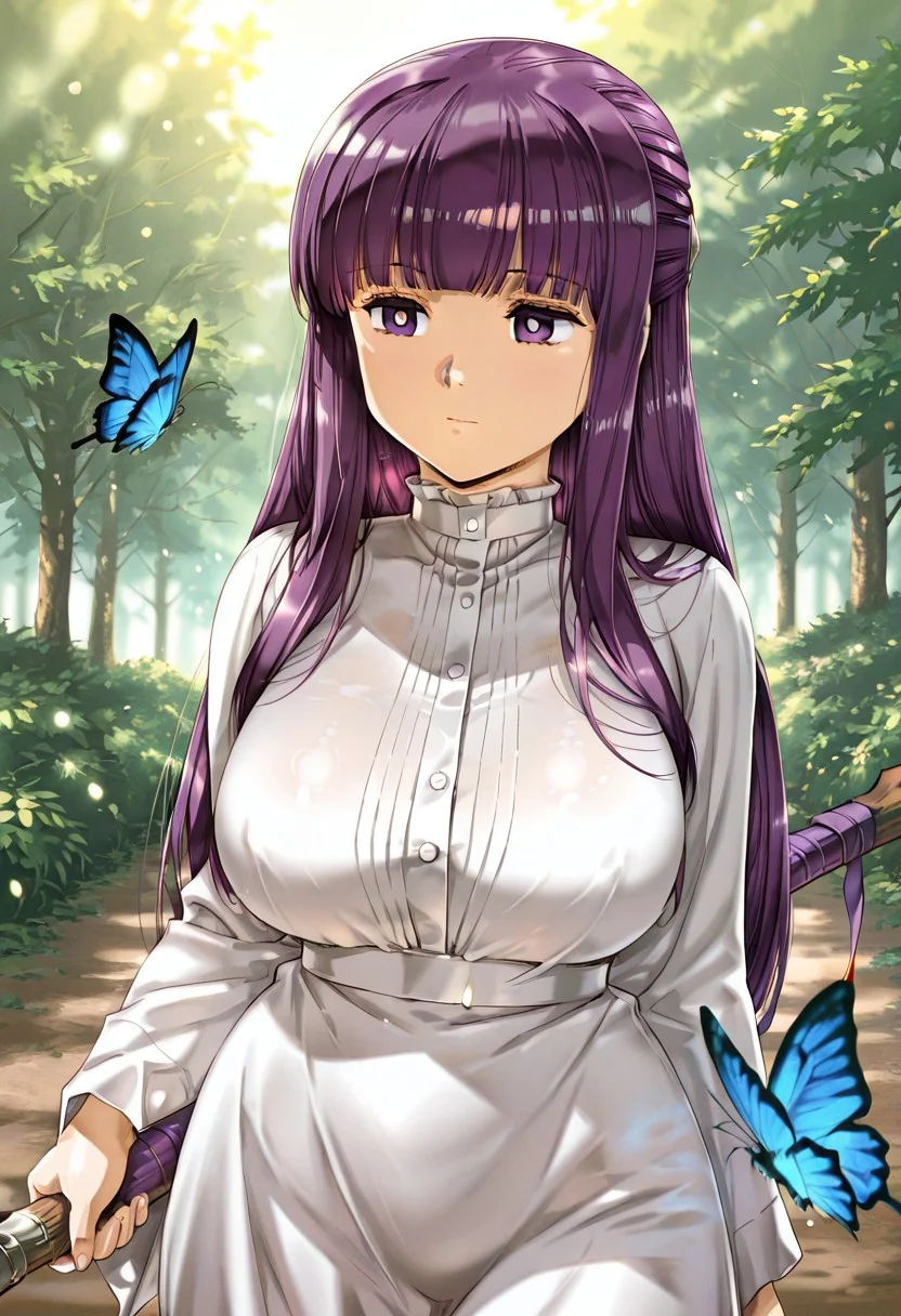 masterpiece,best quality,amazing quality, absurdres, 8k,fern \(sousou no frieren\), 1girl, blue butterfly, breasts, bug, butterfly, closed mouth, dress, holding, holding weapon, insect, large breasts, light particles, long hair, mage staff, outdoors, purple eyes, purple hair, robe, , solo, staff, weapon, white robe, uru5h1h4r4, negative_hand