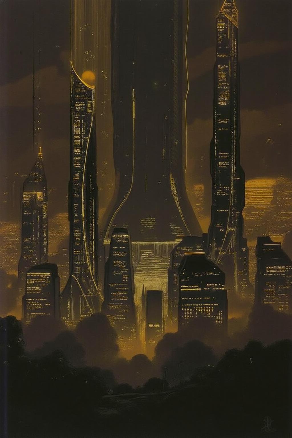 sydme1 painting 
of a futuristic, neon-lit cityscape at night. The scene is dominated by towering skyscrapers and buildings, many of which are adorned with intricate, glowing lights. The cityscape is rendered in a dark, muted color palette with a focus on warm golden and amber tones, creating a moody, atmospheric effect. 
The tallest structures are futuristic, with sleek, curved designs and sharp, angular lines, suggesting a blend of modern and advanced architecture. <lora:sydme6_cap_d6a3:1.0><lora:811018185160719481:0>