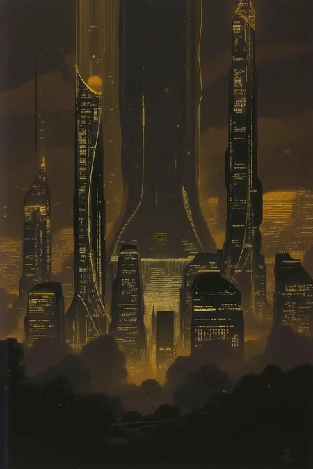 sydme1 painting
of a futuristic, neon-lit cityscape at night. The scene is dominated by towering skyscrapers and buildings, many of which are adorned with intricate, glowing lights. The cityscape is rendered in a dark, muted color palette with a focus on warm golden and amber tones, creating a moody, atmospheric effect.
The tallest structures are futuristic, with sleek, curved designs and sharp, angular lines, suggesting a blend of modern and advanced architecture. <lora:sydme6_cap_d6a3:1.0><lora:811018185160719481:0>