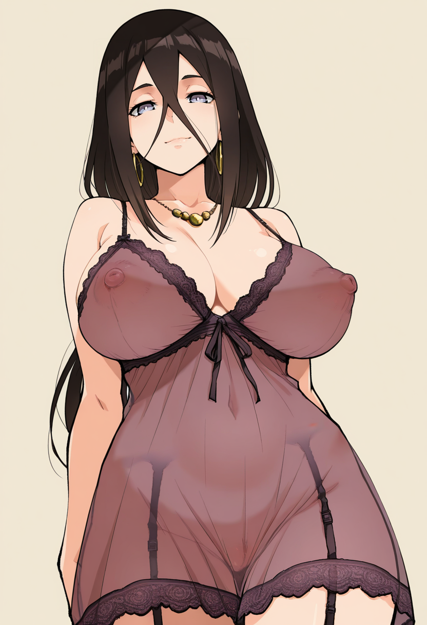 masterpiece, best quality,
 <lora:ahemaru:1> 4h3m4r0,
1girl, solo,
From below
looking at viewer, light smile, 
hyuuga hanabi, brown hair, long hair, sidelocks, byakugan,  large breasts, 
bra, lingerie, garter straps, necklace, lace trim, hoop earrings, see-through clothes, covered nipples, nightgown, 
simple background, Sand Beige  background,
