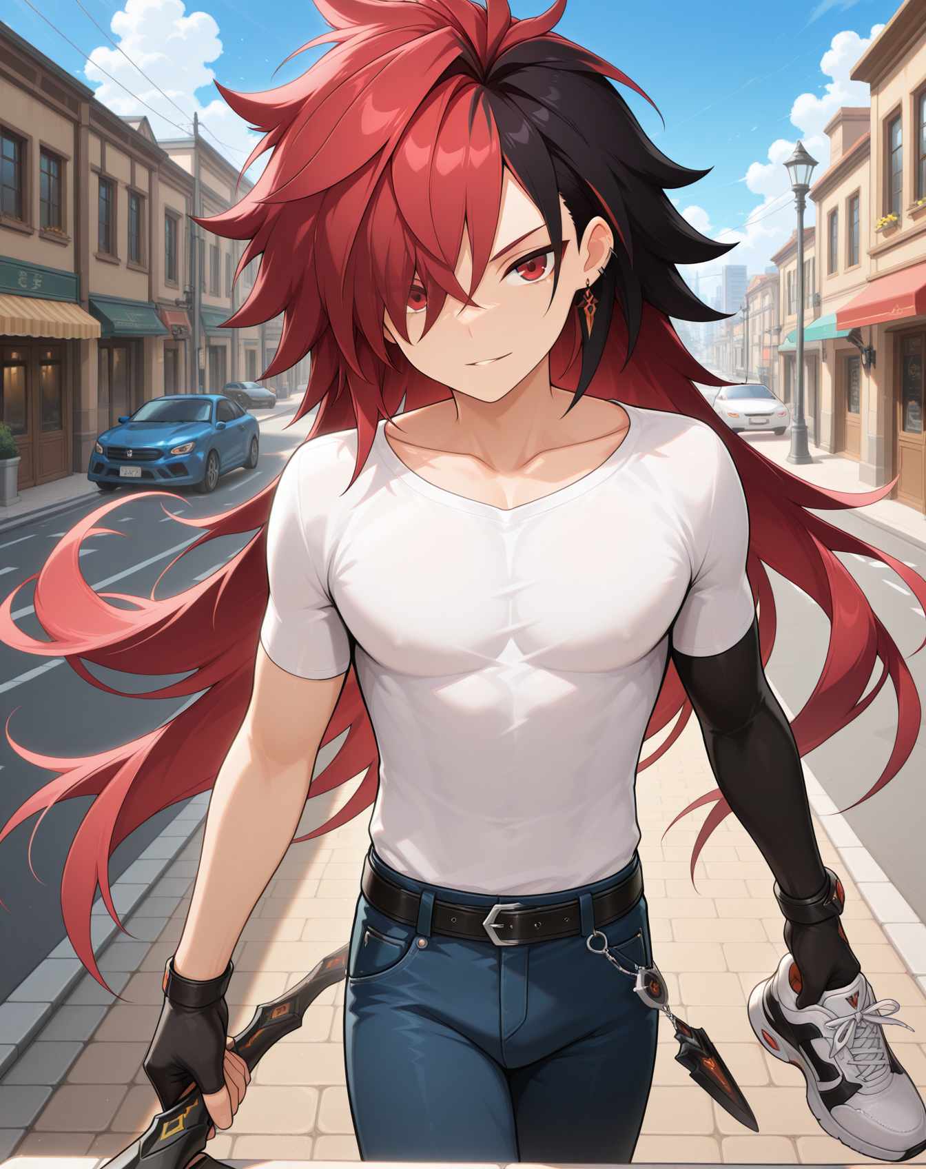 masterpiece,best quality,amazing quality, newest, very aesthetic, absurdres,
1boy, solo, yaoi, male focus, looking at viewer, cowboy shot, standing,
<lora:Elsword_Immortal_ilxl:1> elswordim, red eyes, multicolored hair, red hair, two-tone hair, black hair, long hair, streaked hair, hair over one eye,
white shirt, jeans, sneakers,
outdoors, day, blue sky, building, street, road, lamppost, car,