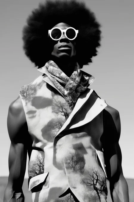 <lora:Zanele Muholi Style:1>Zanele Muholi Style - Richard Bruce Nugent General Purpose Heritage brand depicting gorgeous African male models wearing Afro Kara Walker Swedish French inspirational clothing from Japan merging the practicality and durability into a decadent modern style, believing that time outdoors with others restores the human spirit. The products are minimalist, functional, and built to last
