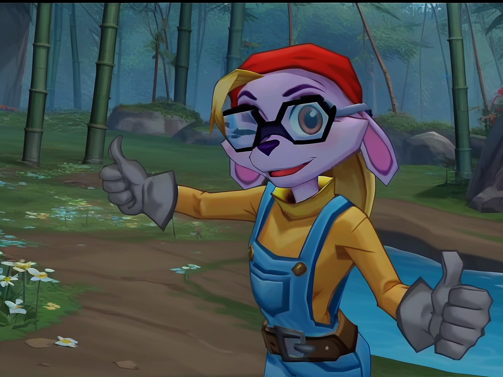 Score_9, score_8_up, score_7_up, score_6_up, BREAK,
screencap, outdoors, water, bamboo, grass,
<lora:Penelope_Game:0.8> screencap, Penelope_game, furry female, glasses, brown eyes, purple skin, red bandana, blonde hair, yellow shirt, blue overalls, grey gloves, one eye closed, looking at viewer, thumbs up