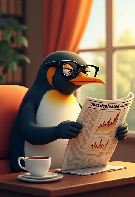 A realistic grumpy emperor penguin with reading glasses reading the morning newspaper with his coffee in a cozy breakfast nook with the morning sunlight shine in. News paper reads "buzz depleated" and shows a stock graph pointing down