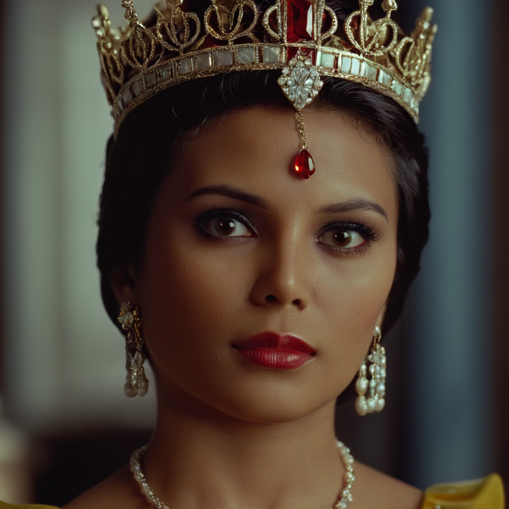 cinematic film still of  <lora:Ron Fricke style:1>
a woman in a costume with a crown on her head,1girl,solo,looking at viewer,brown eyes,jewelry,upper body,necklace,lips,ring,crown,gem,realistic,straight-on , realistic, realism, movie still, film grain, kodak film, film contrast, film color, cinematography, documentary, photography, 70 mm film, 65 mm film, Todd-AO, Todd-AO 35, 8K resolution, Ron Fricke film director style, Ron Fricke film directing style, Ron Fricke style, shallow depth of field, vignette, highly detailed, high budget, bokeh, cinemascope, moody, epic, gorgeous, film grain, grainy