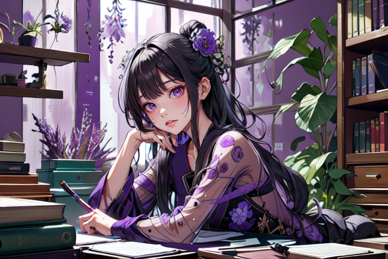 highly insanely detailed, masterpiece, top quality, best quality, highres, 4k, 8k, RAW photo, (very aesthetic, beautiful and aesthetic),  
(code_style,codestyle),english text,japanese text, 
<lora:CodeStyle (half generic class)_564920:0.6>, 
(1girl:1.3), 1other, 
The messy room filled with super cluttered plants and super cluttered books,(pure purple background,transparent background:1.2),âââ