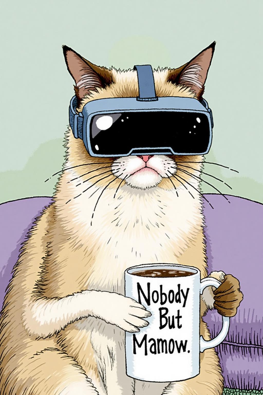 sterrett1 illustration. Grumpy Cat holding a coffee mug, wearing a VR Headset. The mug has the phrase "NobodyButMeow" printed. <lora:sterrett1_cap_d6a3e8:1.0><lora:837023293014820310:0>