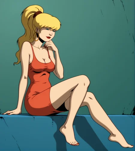 score_9, score_8_up, score_7_up,
1girl, solo, JulieWinters,
sitting, red dress, barefoot, red lipstick, medium breasts, cleavage,
nail polish, indoors, bare shoulders,
cartoon, source_cartoon, 1990s_(style)
<lora:Julie_Winters:1>