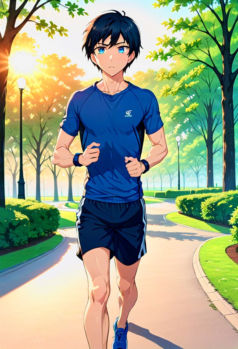 high resolution, solo, best quality, 1Boy, Arata Kaziaki, Black Hair, Blue Eyes, Jogging, park, sunrise, fitness,