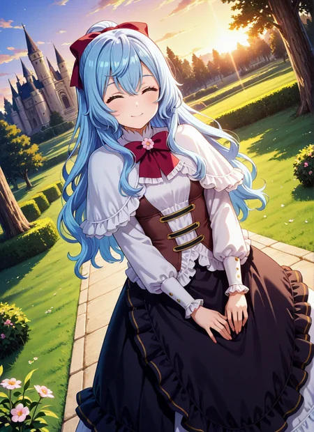 source_anime BREAK prefect lighting,very aesthetic,prefect hands,best quality,
intricate details,highly detailed background,(masterpiece:0.9),high quality,lustrous_skin,skindentation,(zPDXL3),
ultra delicate hair,
face_detail,
skin_detail,<lora:cfg_scale_boost>,
lustrous_skin,skindentation,
shiny skin,
<lora:seirei_gensouki_-_liselotte_cretia_il:0.7>,liselotte_cretia,long_hair,hair_between_eyes,blue_hair,ponytail,purple_bow,hair_bow,blue_eyes,
white_shirt,long_sleeves,white_dress,frills,black_skirt,red_bowtie,white_capelet,frilled_capelet,
masterpiece,best quality,ultra-detailed,Best-A,Medium-B,Low-C,Bad-D,cute,light_blush,dynamic_angle,
looking at viewer,small breasts,blush,smile,
in summer,flowers meadows,castle,park,closed eyes,