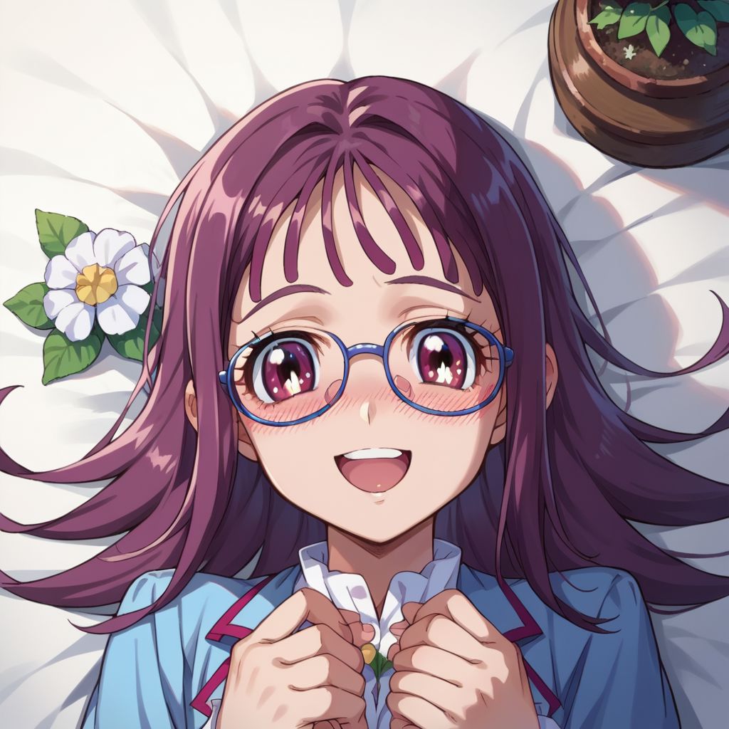 score_9, score_8_up, score_7_up, source_anime,
houjousakura, glasses, star (sky), flower, on back, POV, looking at viewer, blush, smile, open mouth, upper teeth only