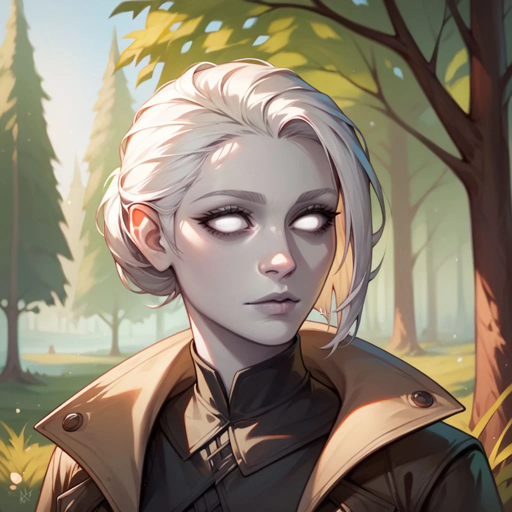 (((beautiful, high quality))), upper body, score_9, score_8_up, score_7_up, solo,
Changeling, gray skin, white eyes, white hair, dark eyelids, 1girl, shirt, coat,
Outdoor, fantasy background, nature, blurred background,